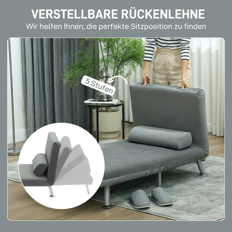 HOMCOM Opklapbare stoel met bedfunctie, opklapbare relaxstoel in fluweellook, verstelbare rugleuning, 75 x 70 x 75 cm, Grijs