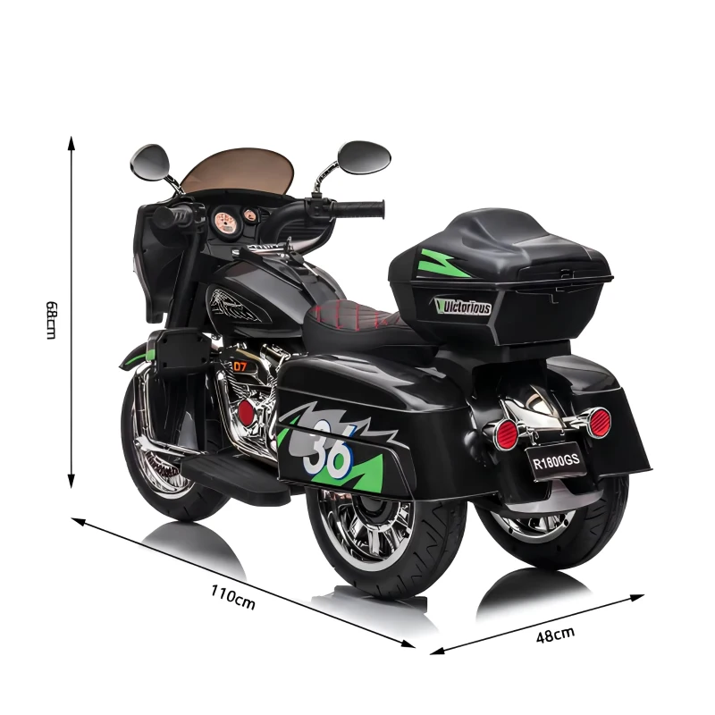 Moto elettrica 12V per bambini, ampio vano portaoggetti e sedile morbido in PU, 110x48x68 cm, Nero