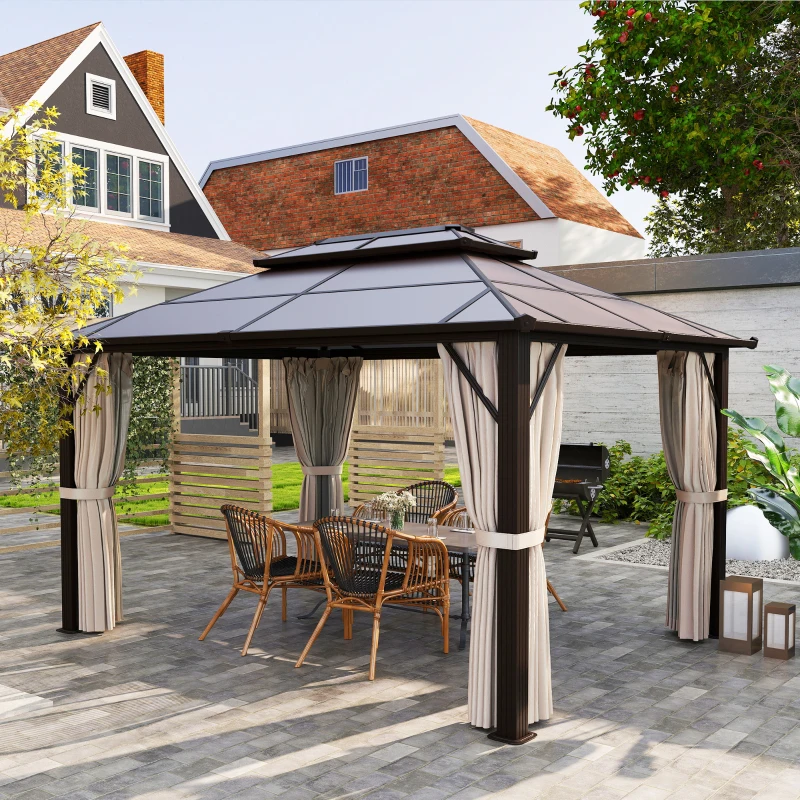 Outsunny 3 x 4m Hardtop Gazebo Canopy with UPF30+ Double Polycarbonate Roof, Aluminium Frame Garden Gazebo Permanent Pavilion with Mosquito Netting and Curtains for Patio, Deck, Beige