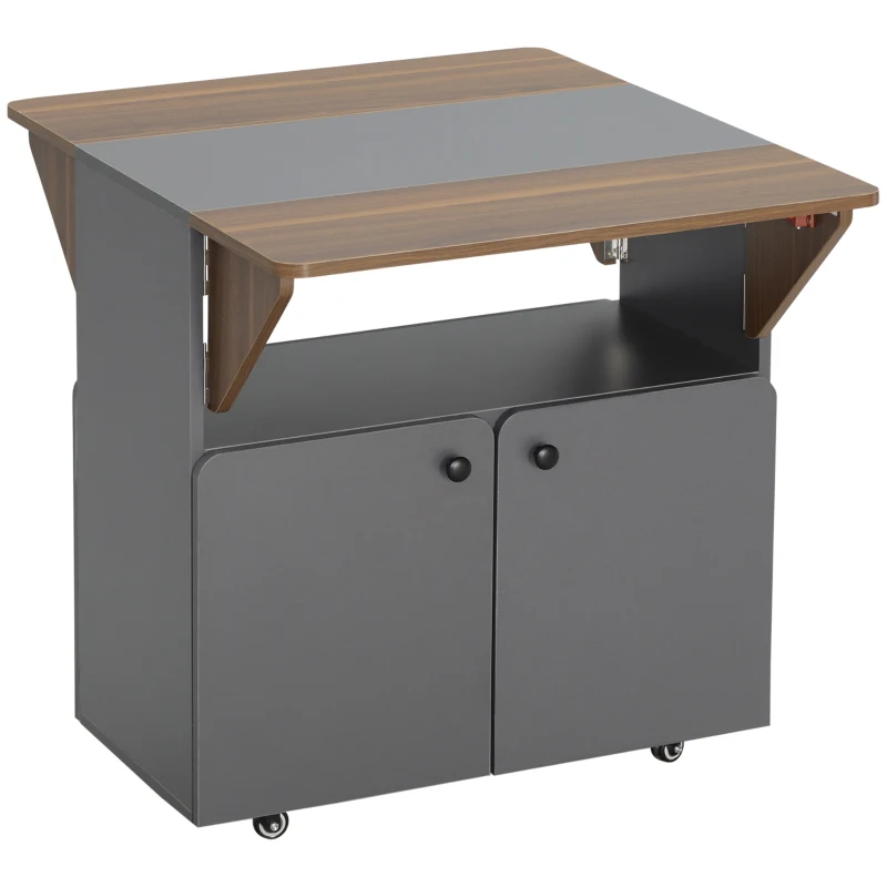 HOMCOM Klaptafel Rollenkast, twee klapbare tafelzijden, kastvak, 4 wielen, Lichtgrijs + Donkerbruin, 70 x 83 x 75cm(m-10)