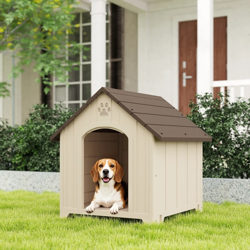 PawHut Cuccia per Cani Rialzata con Tetto Inclinato e Prese d'Aria, in PP, 88x78x89 cm, Beige e Marrone Scuro
