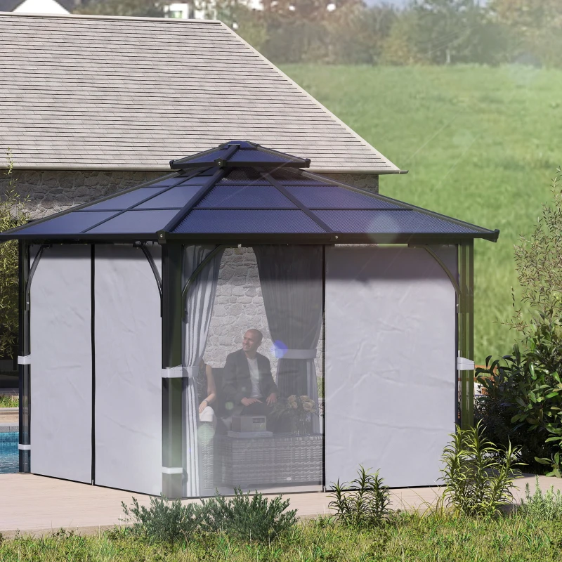 Outsunny 3 x 3(m) Hardtop Gazebo Canopy with 7mm Polycarbonate Double-Tier Roof, Garden Gazebo Permanent Pavilion with Mosquito Netting and Curtains for Patio, Terrace, Dark Grey