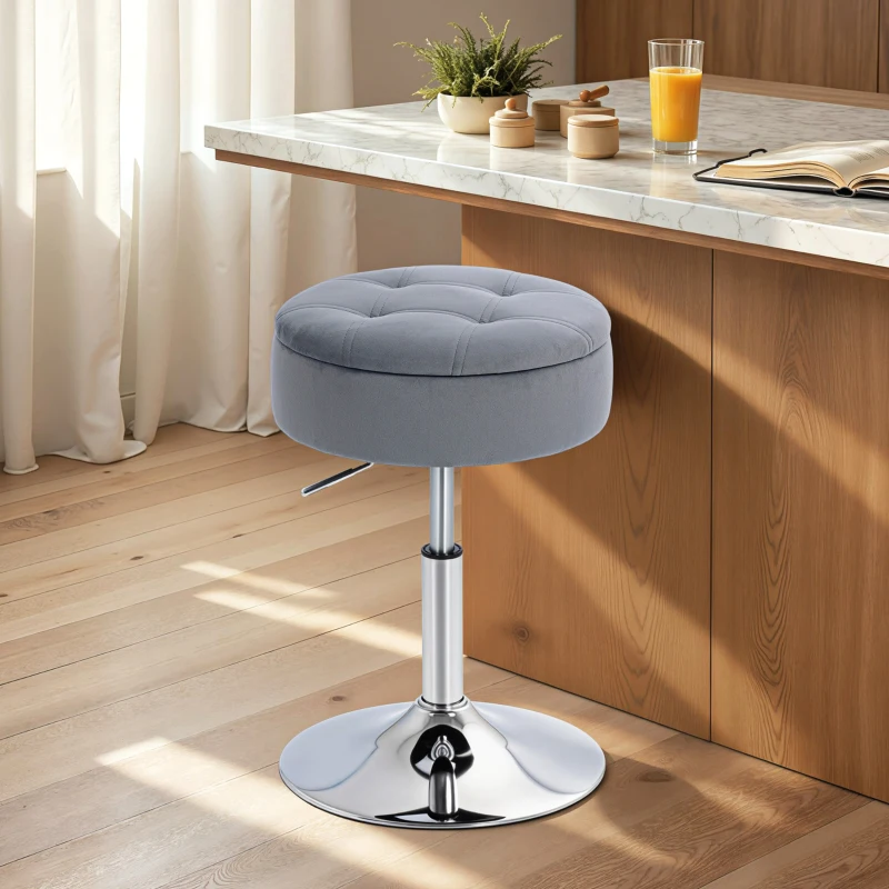HOMCOM Barkruk, bistrokruk met opbergruimte, draaibare barkruk, hoogteverstelbare keukenkruk met veloursbekleding, 39x39x65 cm, grijs