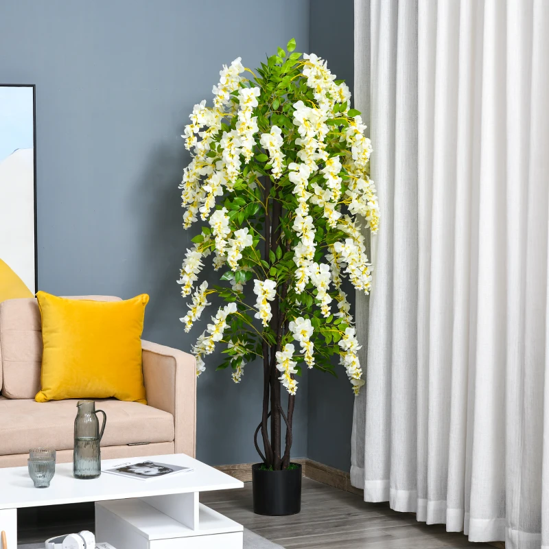 Outsunny kunstplant met witte blauweregen decoratie 1,65 m kunstboom boomdecoratie kunststof cement wit + groen 24 x 24 x 165 cm