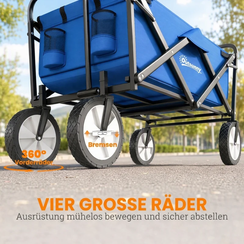 Outsunny Bollerwagen Handwagen mit faltbar Bremsen Verstellbarem Griff 68 KG Belastbar für Garten Einkauf Shopping