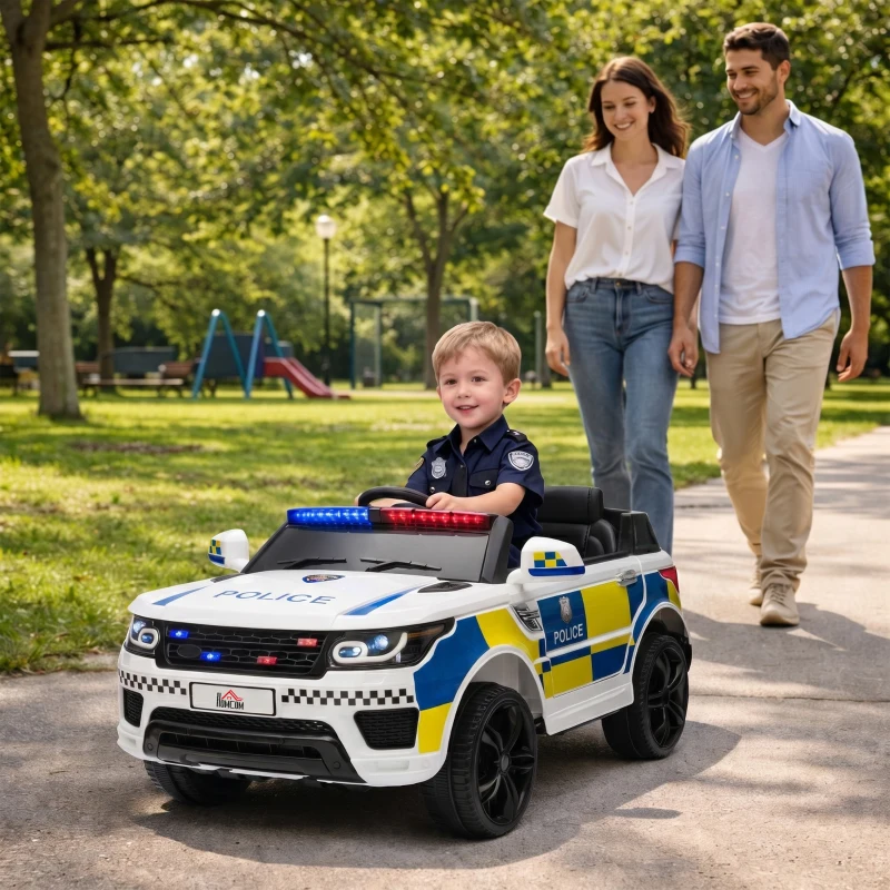 Homcom Masina Politie 12V pentru Copii – Telecomanda, Sirena & Lumini Realiste(m-12)