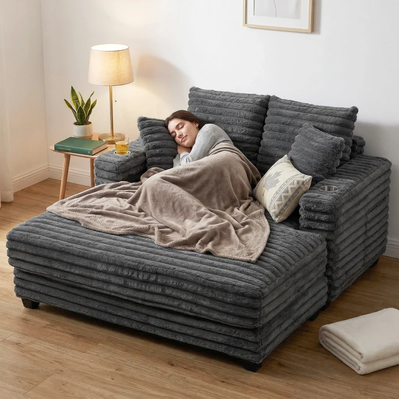 HOMCOM Chaiselongue 2-zits grote slaapbank 134 x 151 cm met bekerhouder voor woonkamer, grijs