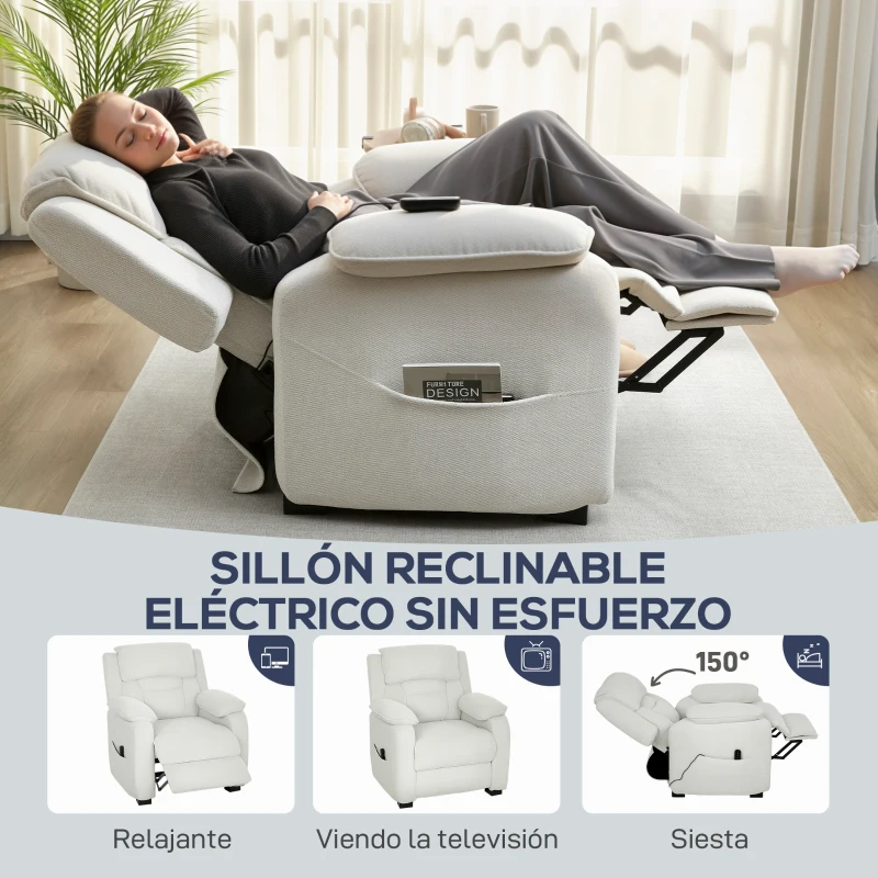 HOMCOM Sillón Relax Reclinable Eléctrico Motor Silencioso 2 Posiciones Memoria Reposapiés Reposacabezas Puerto USB y Bolsillos