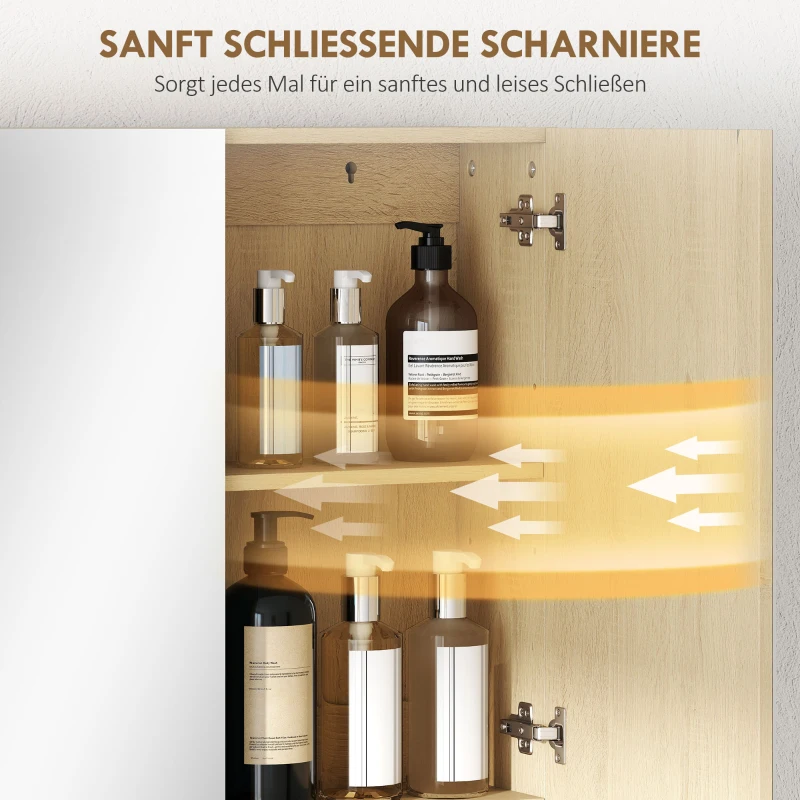 HOMCOM badkamerkast, spiegeldeuren, open rek, wandmontage, MDF, spaanplaat, eiken