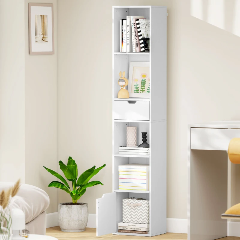 HOMCOM Boekenkast met 6 niveaus, 3-standen verstelbaar, met lade, kastdeur, aanpasbaar rek, tentoonstellingsrek, Wit(m-9)