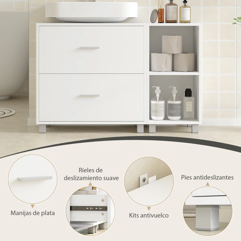 HOMCOM Mueble Bajo Lavabo Mueble de Baño con 2 Cajones y 2 Estantes Abiertos para Lavabo sin Pedestal 90x30x60 cm Blanco