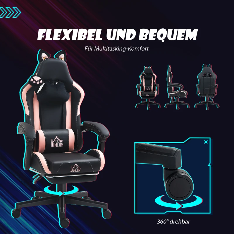 HOMCOM Gamingfauteuil met kattenoortjes, kantelbare rugleuning, uitschuifbare voetsteun, tot 120 kg, Roze/Zwart(m-7)