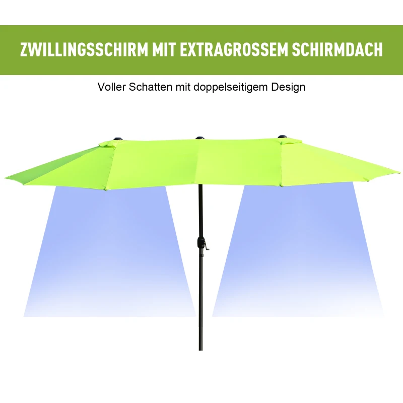 Outsunny Dubbele Parasol Tuinparasol Marktparasol Terrasparasol met Handkruk Groen Ovaal 460 x 270 x 240 cm