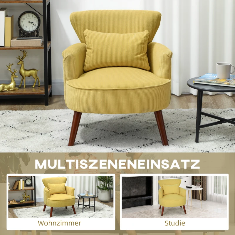 HOMCOM Moderne gevulde accentfauteuil met lendenkussen, rubberhouten poten - geel