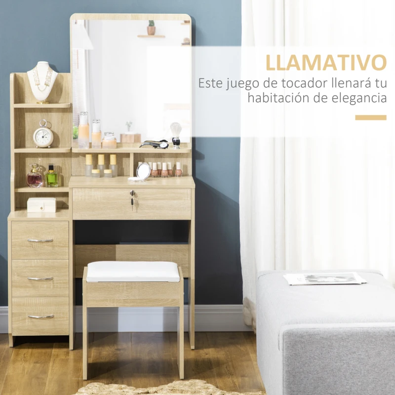 HOMCOM Tocador de Maquillaje con Taburete Espejo 4 Cajones 4 Compartimientos Estilo Moderno 80x38x143 cm Natural