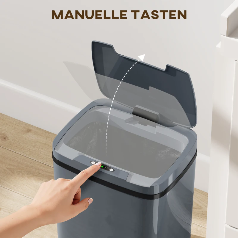 HOMCOM Sensor Prullenbak 15L Automatische prullenbak met twee openingsmodi, voor kantoor, keukens, 27,6 x 21,4 x 33,5 cm, grijs(m-5)