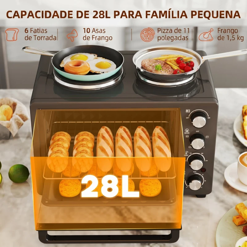 HOMCOM Forno Elétrico de Bancada 28L 2600W com Placas de Cozedura, Temperatura Ajustável, Temporizador e Tabuleiro, Preto
