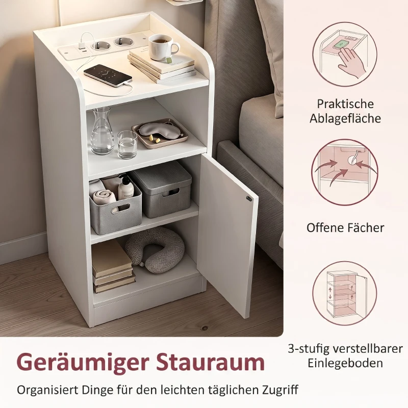 HOMCOM Nachttisch 2er-Set mit Ladestation, Schmaler Nachtschrank mit offenem Fach, verstellbarem Einlegeboden für Schlafzimmer