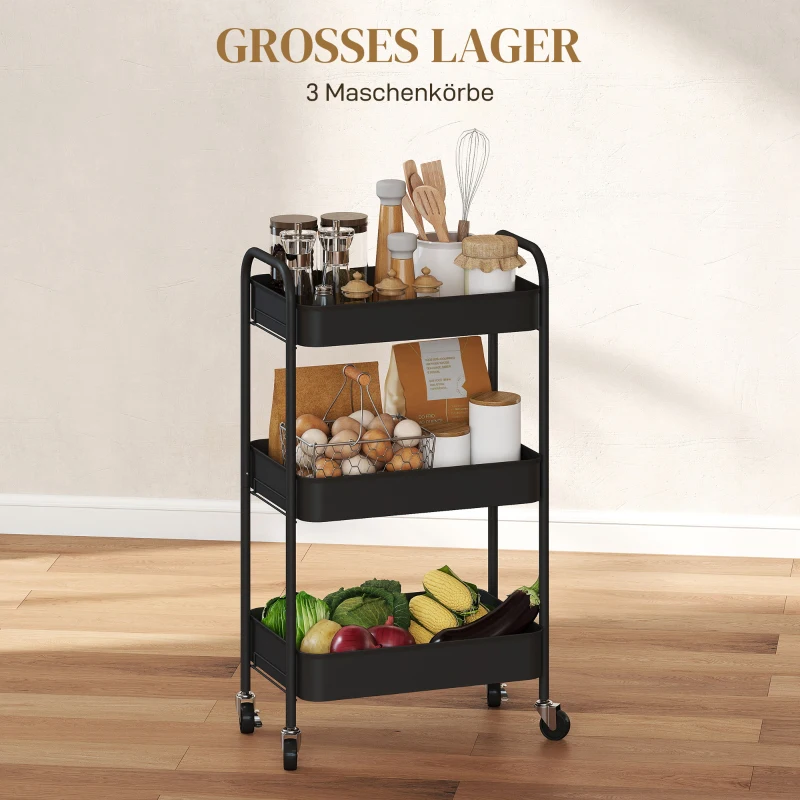 HOMCOM Multifunctionele wagen Rollwagen Keukenwagen, 3 planken, 4 wielen, 45 cm x 30,6 cm x 79 cm, zwart