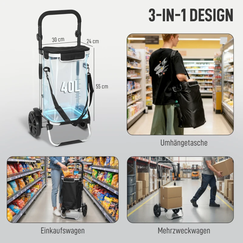 HOMCOM 3-in-1 opvouwbare boodschappentrolley 40L, belastbaar tot 25 kg, met koelvak, zwart