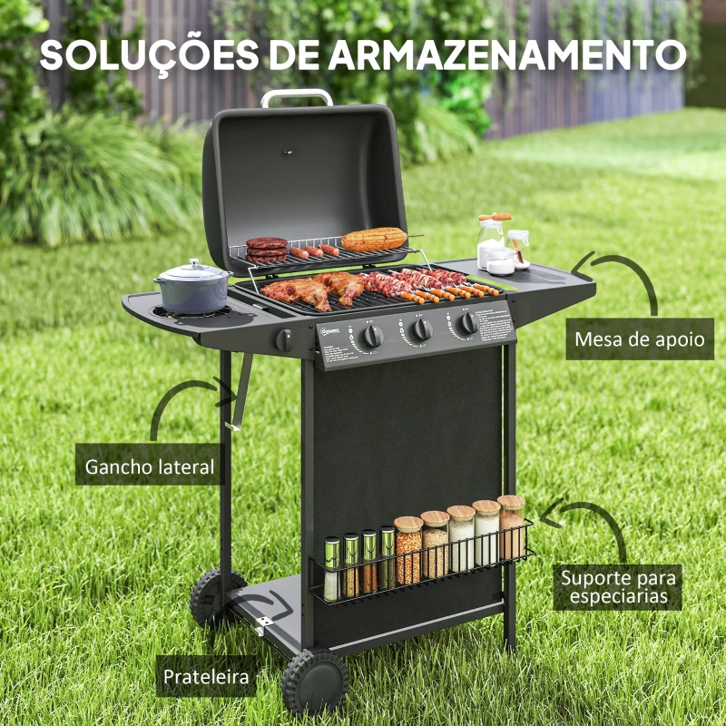 Outsunny Barbacoa de Gas con 3 Quemadores Quemador Lateral Tapa con Termómetro Parrilla y Mesa Lateral Ruedas 108x54x97 cm Negro