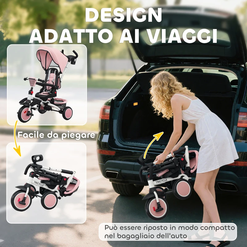 AIYAPLAY Triciclo per Bambini 6 in 1 con Maniglione di Spinta e Sedile Girevole, 111.5x52x98 cm, Rosa