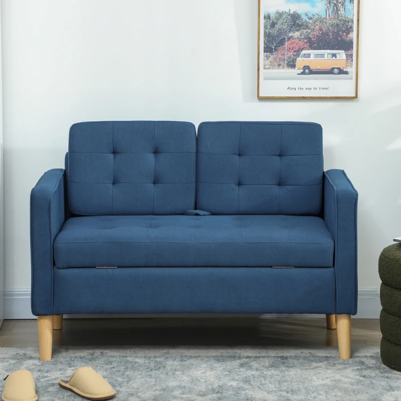 HOMCOM 2‑zitsbank met opbergruimte, knoopgestikte rugleuning, kussens, rubberhout, 117x62x78 cm — Blauw(m-8)