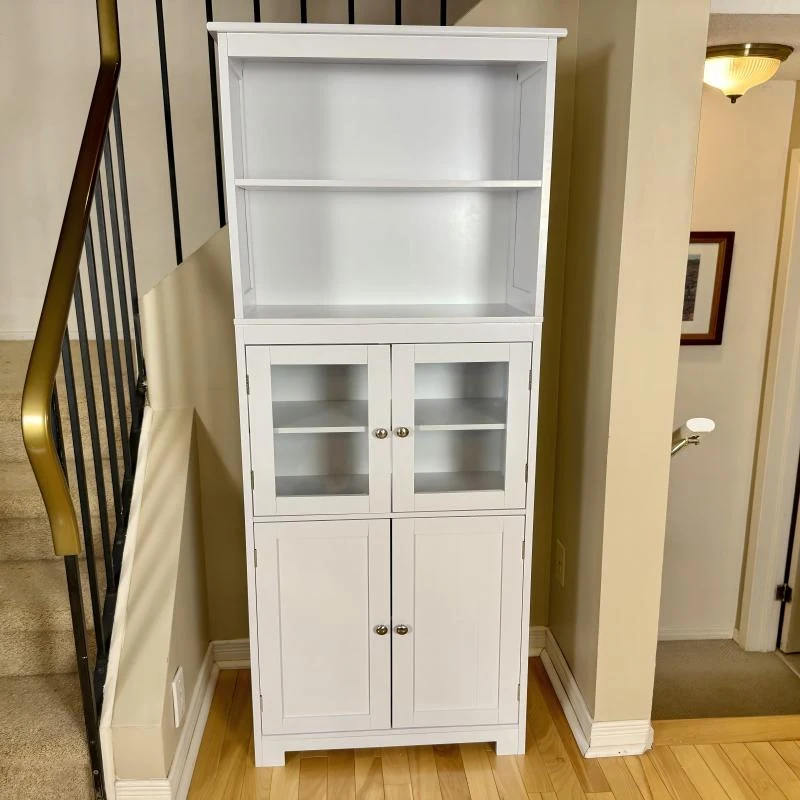 HOMCOM Freestanding Kitchen Cupboard, 4-Door Storage Cabinet with Adjustable Shelf and Glass Doors for Dining Room, Living Room, White