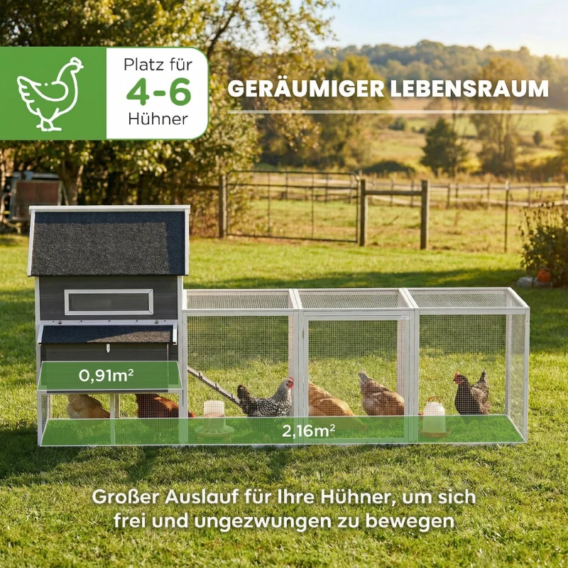 PawHut Hühnerstall aus Holz mit Auslauf Nistkasten Asphaltdach herausziehbar Tablett für 4-6 Hühner 347x160x150 cm Dunkelgrau