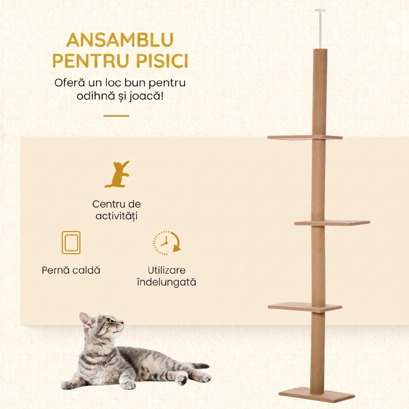 Pawhut Arbore Pisici 4 Niveluri – Fixare Reglabila la Tavan