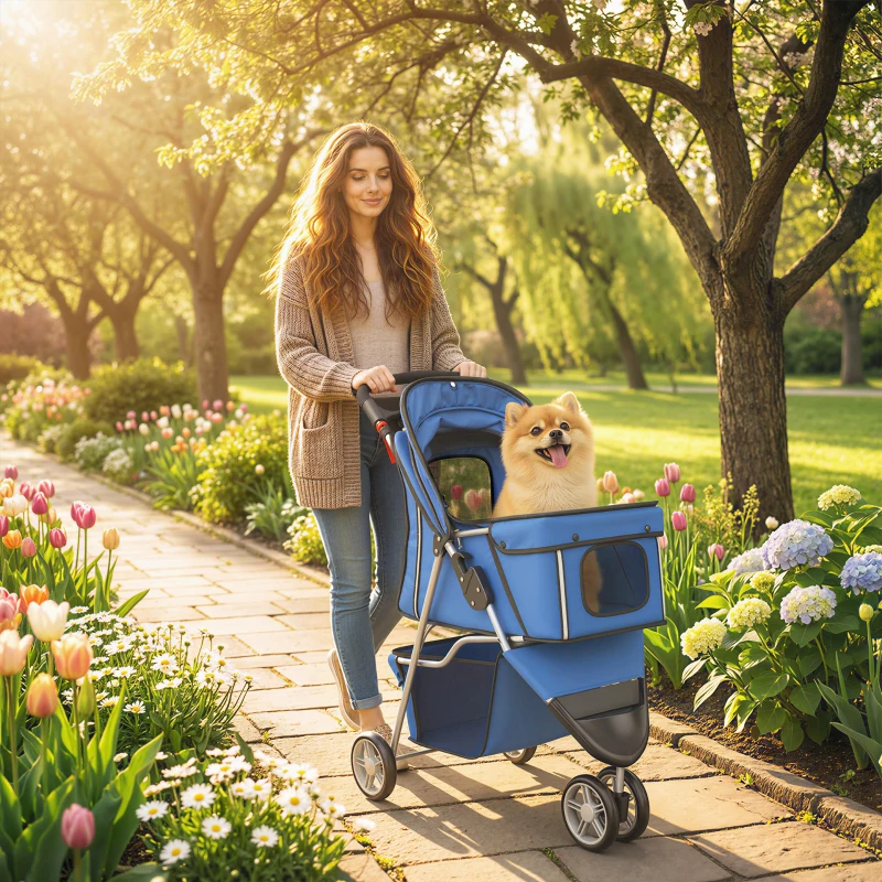 PawHut Carrito para Perros Pequeños con Cesta de Almacenaje Ventanas de Malla y Cinturón de Seguridad 77x44x102 cm Azul