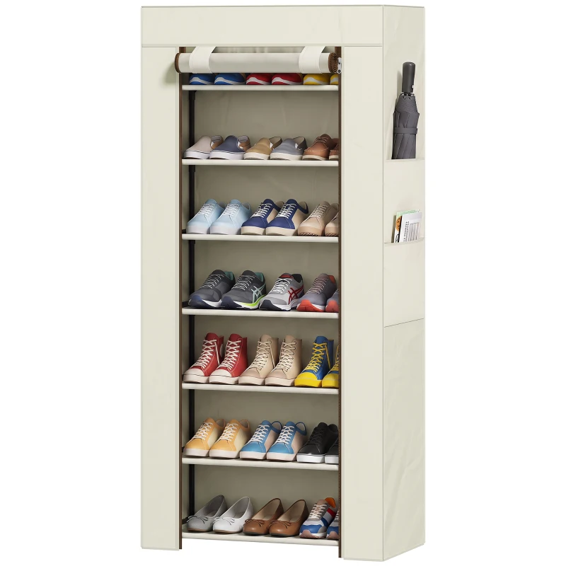 HOMCOM Schuhregal mit 7 Ebenen, schmales Stahl-Schuhregal mit Vliesstoff-Hülle, 2 Seitentaschen für 14-21 Paar, Beige