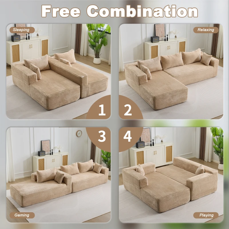 Divano angolare modulare a L con chaiselongue, design minimalista salvaspazio, seduta profonda, 279x179x83 cm, Beige