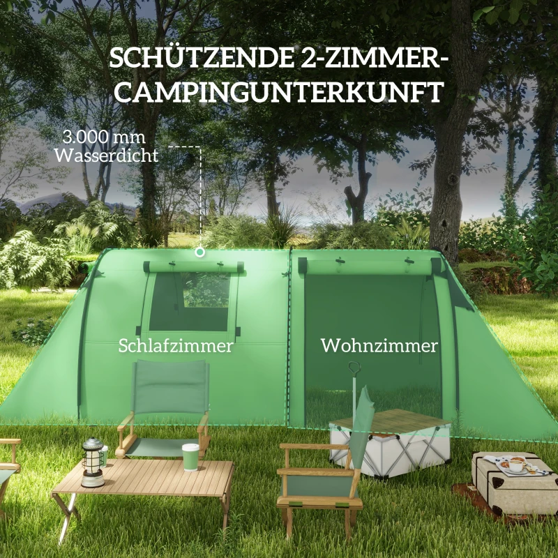 Outsunny Campingzelt für 3-4 Personen stabil wasserdicht Familienzelt mit Schlafzimmer Wohnzimmer 3000mm Wassersäule Dunkelgrün
