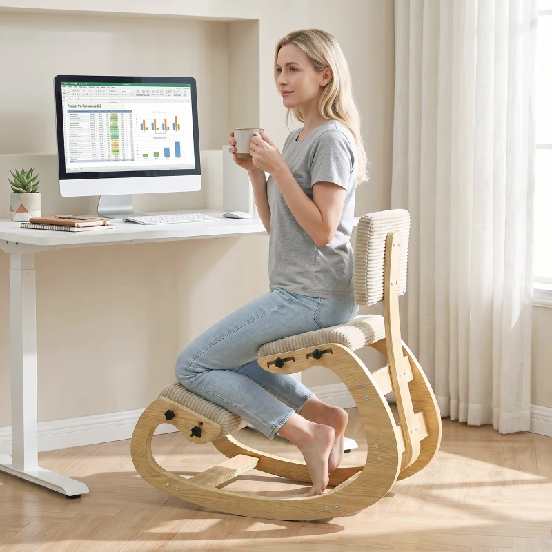 HOMCOM Silla de Rodillas Ergonómica con Respaldo Apoyo para Rodillas y Tapizado de Pana Crema