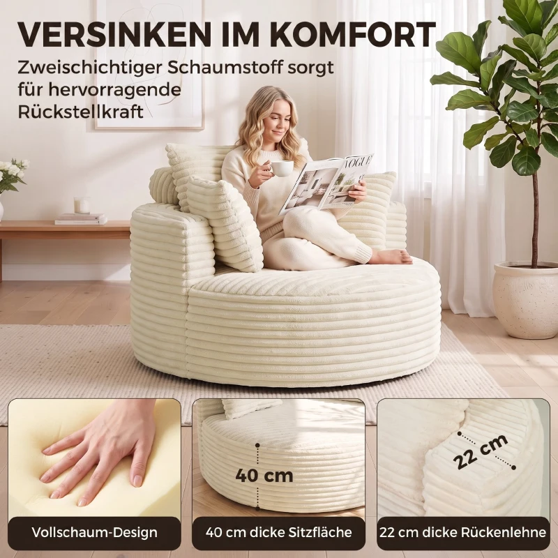 HOMCOM Sessel mit tiefer Sitzfläche, Einzelsofa ohne festen Rahmen, Vollschaum-Design, 4 Kissen, Cremeweiß