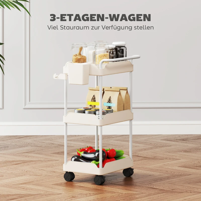 HOMCOM opbergtrolley, 3 manden, handdoekhouder, wielen, handgreep, metalen frame, wit