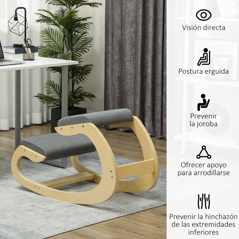 HOMCOM Silla Ergonómica de Rodillas Silla de Rodillas de Madera Taburete Ergonómico Cojín Acolchado 55x85x55 cm Gris