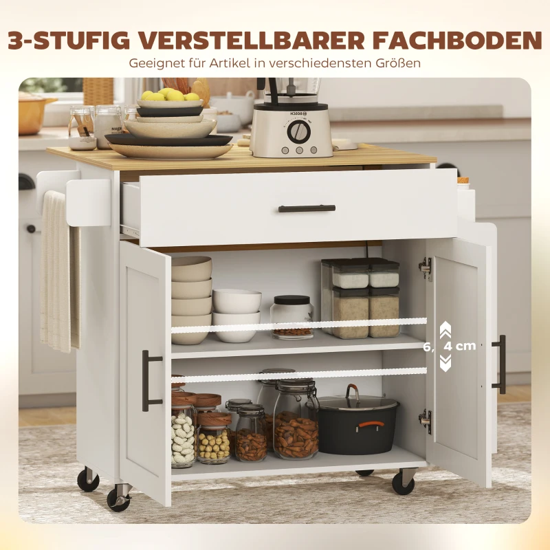 HOMCOM Keukeniland, keukentrolley op wielen, met inklapbaar werkblad, lade, plank, 120 x 68 x 85 cm, Wit(m-7)