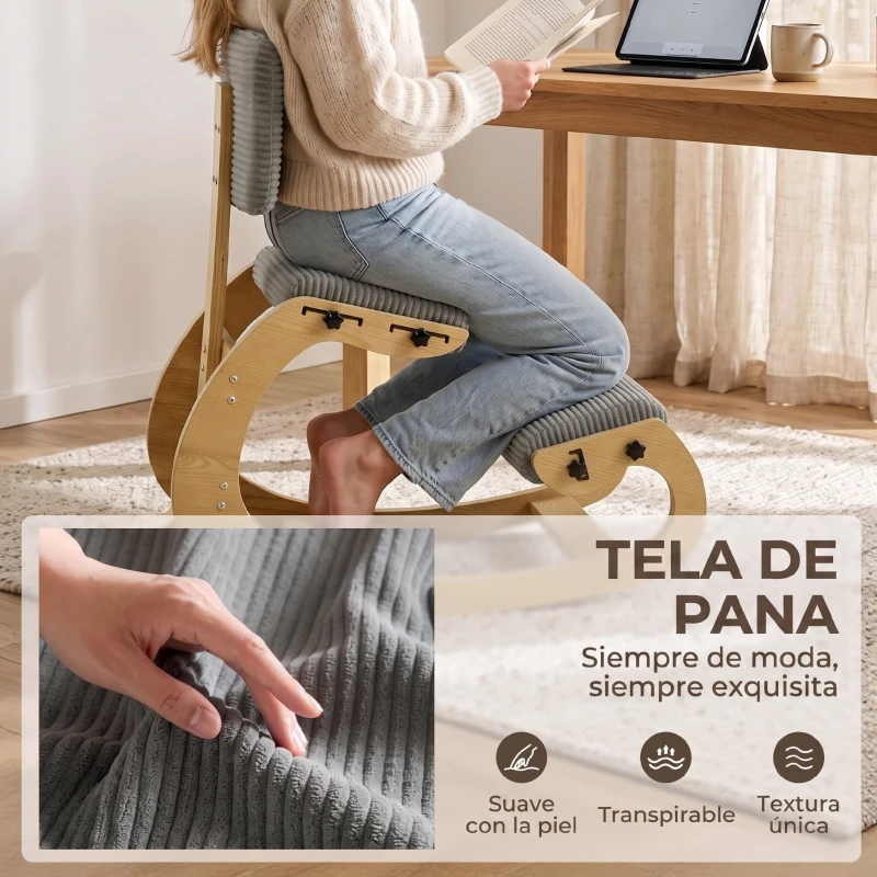 HOMCOM Silla de Rodillas Ergonómica con Respaldo Apoyo para Rodillas y Tapizado de Pana Gris