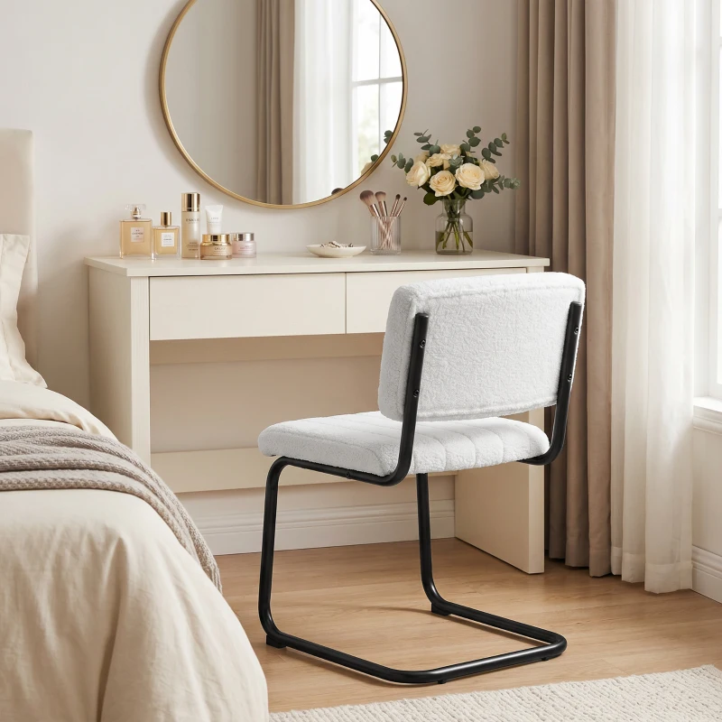 HOMCOM Esszimmerstühle 2er Set modern Freischwinger Stuhl mit hoher Rückenlehne, Teddyfleece-Optik für Küche, Esstisch Creme