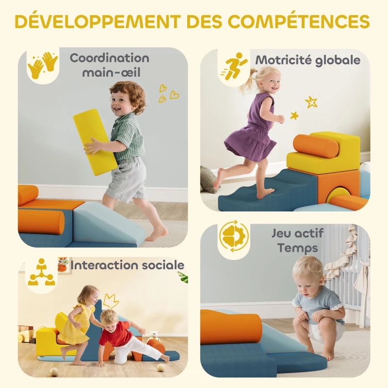 AIYAPLAY Parcours motricité bébé 9PCS, module motricité bébé en mousse avec housse amovible en revêtement velours, multicolore