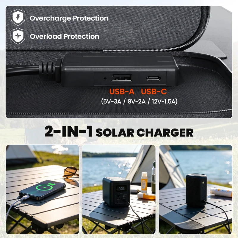 HOMCOM 100W Portable Solar Panel, Foldable Solar Charger with USB-A & USB-C Fast Charging Output, IP67 Waterproof for Mobile Phone Power Bank Flashlight Fans Camping Backpacking Hiking