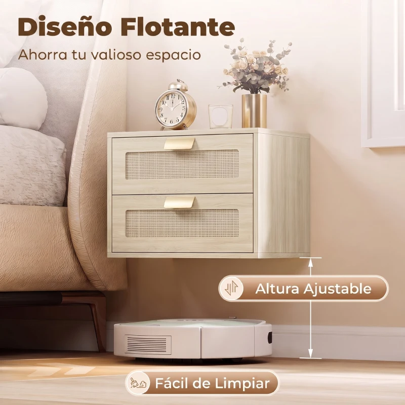 HOMCOM Juego de 2 Mesitas de Noche Flotantes con 2 Cajones con Frente de Ratán Natural para Dormitorio 40x30x27,6 cm Roble