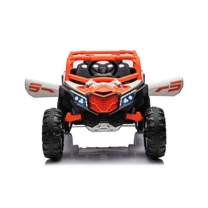 12V Veicolo elettrico per bambini, 2 posti, ammortizzazione anteriore/posteriore e funzione a dondolo, 111x70x63 cm, bianco+arancione chiaro