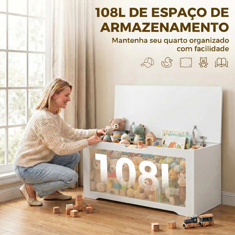 HOMCOM Baú de Arrumação 108L com Painel de Ratã e Tampa com Braços de Apoio, 80x40x45 cm, Branco