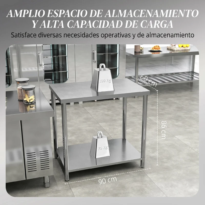 HOMCOM Mesa de Trabajo de Acero Inoxidable con 2 Estantes para Cocina Garaje Taller Carga 100 kg 90x60x86 cm Plata