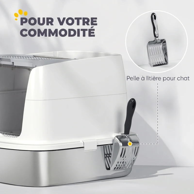 PawHut Bac à Litière Fermé en Inox, Couvercle Amovible, Entrée Frontale et Sortie Supérieure, Pelle, 52,4x41,3x39,8cm, Blanc