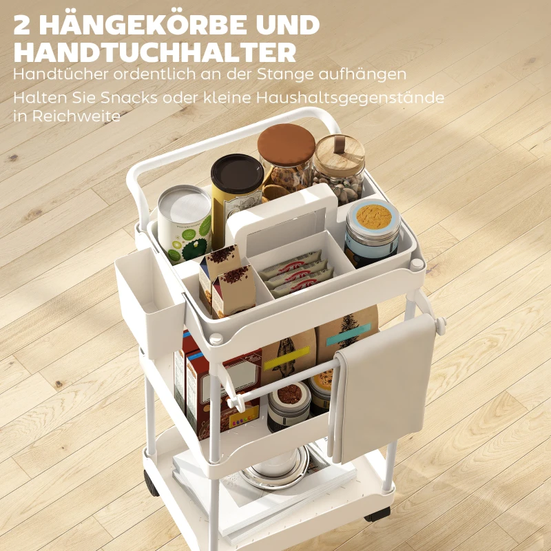 HOMCOM opbergtrolley, 3 manden, handdoekhouder, wielen, handgreep, metalen frame, wit