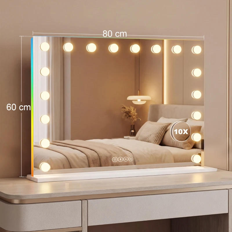 HOMCOM Hollywood Make-up Spiegel met 18 dimbare LED-lampen, 3 kleuren, RGB-verlichting, Bluetooth-luidspreker, 10x Vergroting Wit
